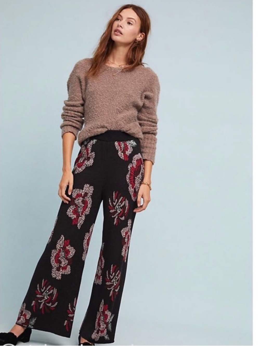 Wide-Leg Floral Knit Pants in Black, Red and Pink